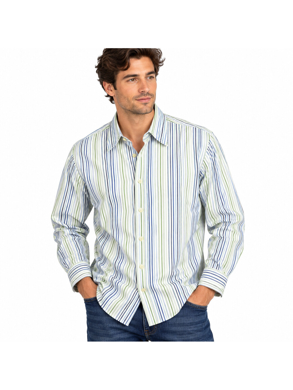 Express Men’s Large Y2K Button Down Shirt Blue Green Stripe 100% Cotton